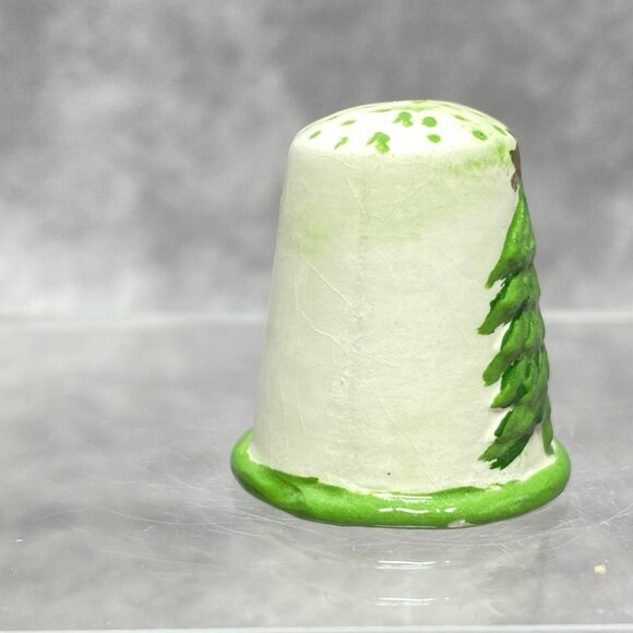 Hand-Painted Wooden Thimble With Green Christmas Tree Design & Polka Dot Top - Picture 6 of 9